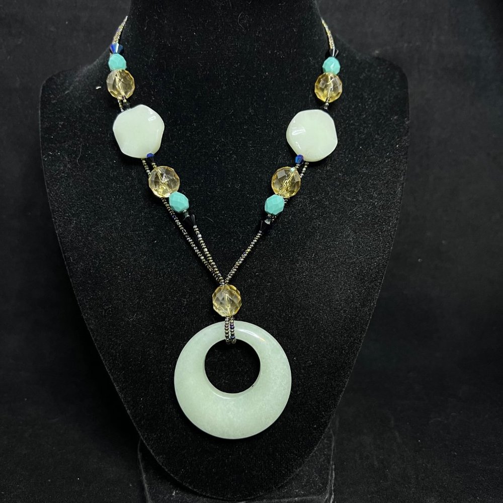 Vintage Lia Sophia Gold Tone Double Strand Jadeite And Seed Bead Necklace (2578)